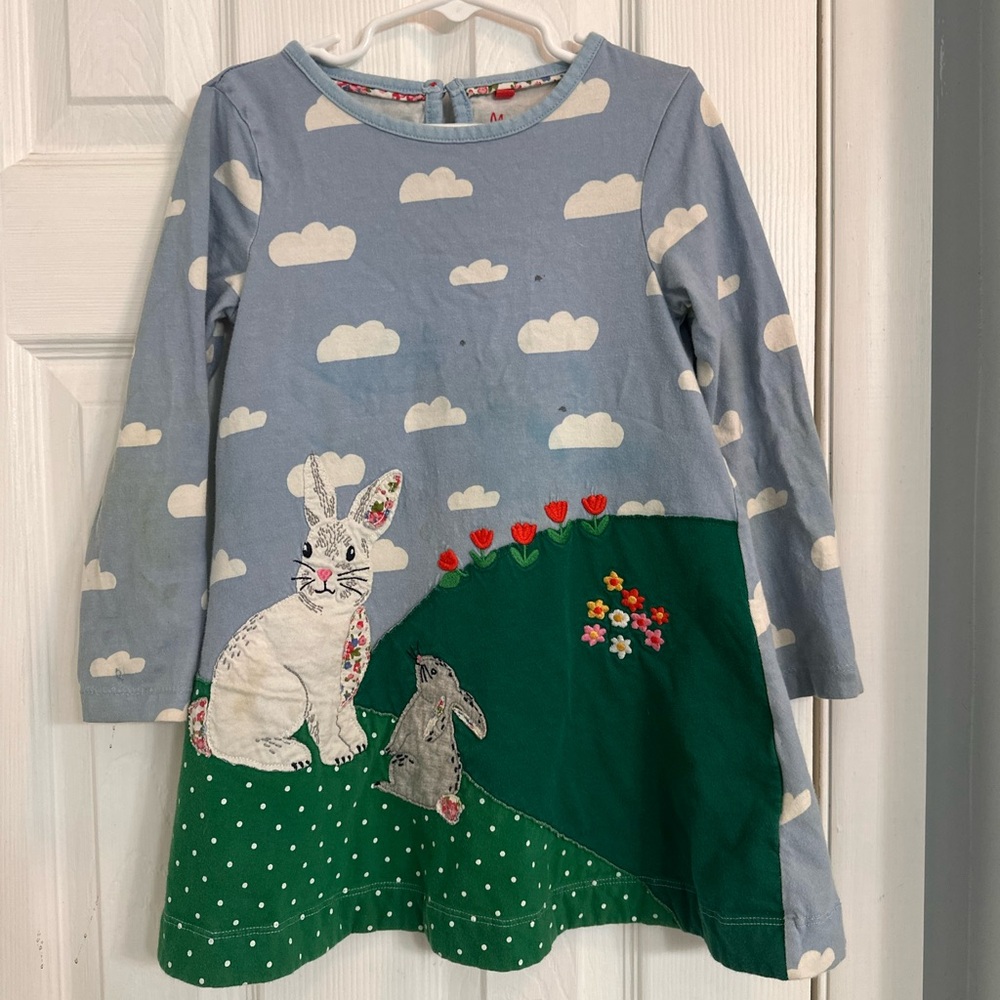 Mini Boden Light Blue Dress with Bunny and Floral Pattern